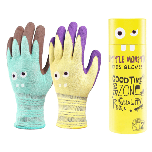 Pair of stretchy kids gardening gloves with fun monster face design