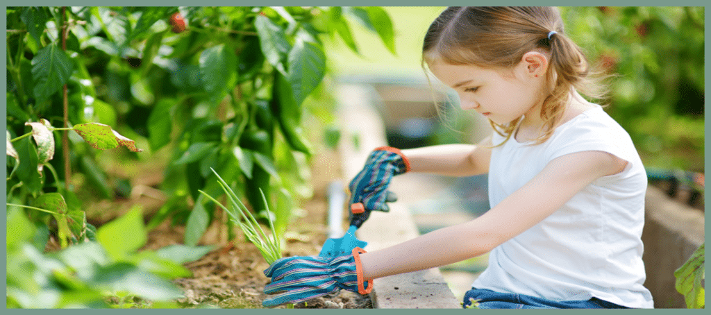Featured blog post image of a child gardening with gloves