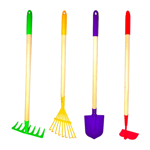 A four piece kids gardening tool kit made of wood and steel that includes a rake, hoe, shovel, and hard rake.