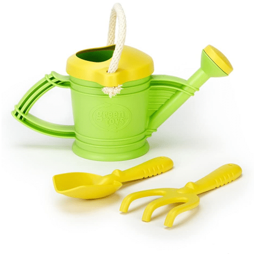 An eco-friendly green and yellow kids gardening tool kit that includes two hand tools and a watering can.