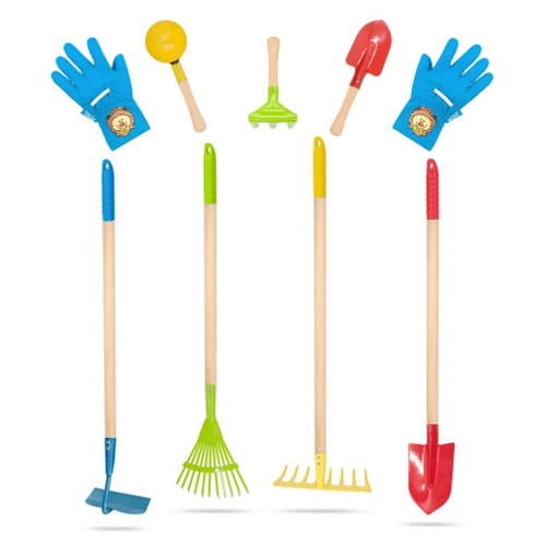 An 8 piece kids gardening tool set with gloves that includes a hoe, rake, and shovel.