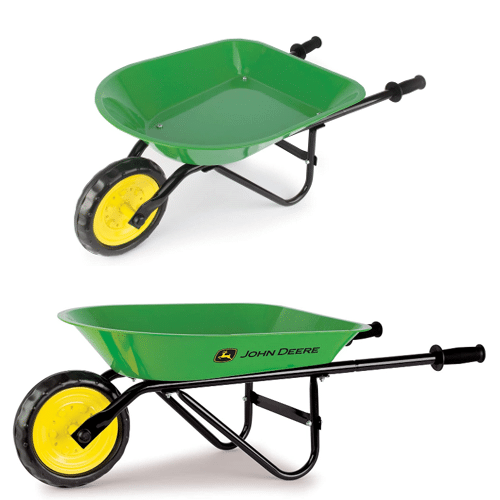 A green, yellow, and black John Deere brand kids steel wheel barrow.