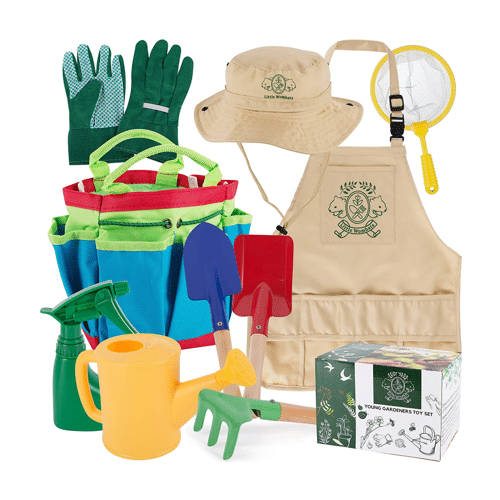 A 10 piece kids gardening tool kit that includes kids gardening gloves, gardening apron, gardening hat, watering can, hand tools, spray bottle, bug catcher and tote.
