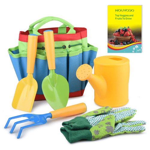 A 7 piece kids gardening tool kit that includes gloves, shovels, handheld rake, watering can, and tote bag
