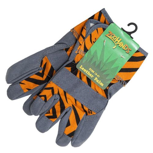 Grey kids gardening gloves with orange and black tiger stripe design.