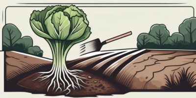 A mature cabbage in a garden with a spade nearby