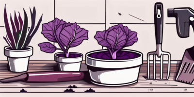 A red cabbage plant in the process of being transplanted from a pot to a garden