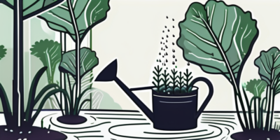 A cabbage plant being watered by a watering can