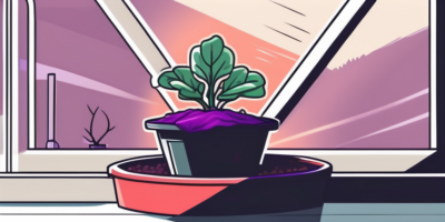 A red cabbage seedling in a pot placed near a sunny window