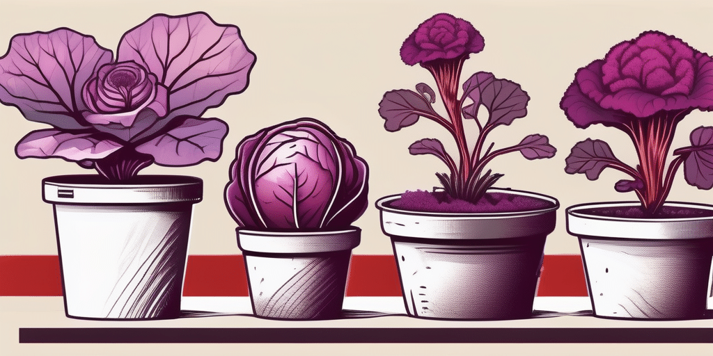 Red cabbages growing in various containers and pots