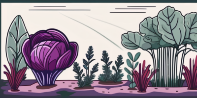 A garden scene featuring a red cabbage plant surrounded by its companion plants