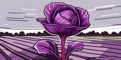 A vibrant red cabbage plant thriving in a fertile mississippi field with planting tools nearby