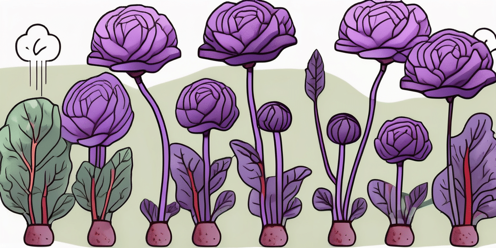 A red cabbage plant in different stages of growth