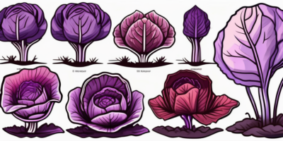 Red cabbage plants at different stages of growth in a garden setting