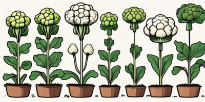 A vibrant cheddar cauliflower plant in various stages of growth