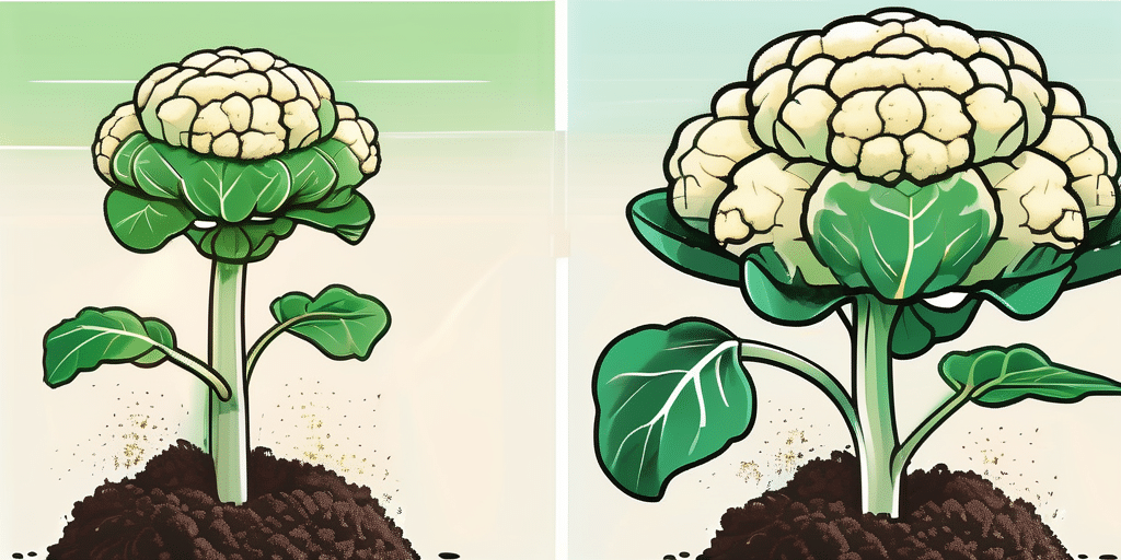 A vibrant cauliflower plant sprouting from a seed in a fertile soil