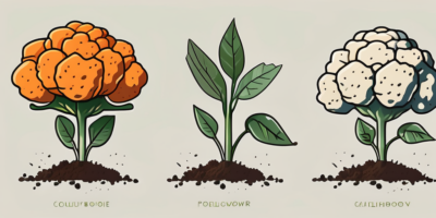 A cheddar cauliflower plant in various stages of growth