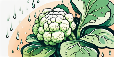 A cauliflower plant in a garden bed with droplets of water falling onto it from above