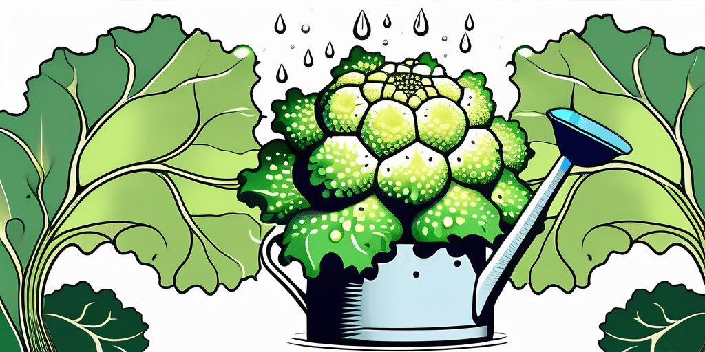 A romanesco cauliflower plant being watered with a watering can