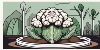 A cauliflower plant in a garden setting with a depiction of fertilizer being applied to the soil around it