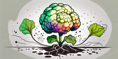 A vibrant graffiti cauliflower plant with visible roots being nourished by scattered granules of fertilizer in a garden setting