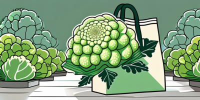 Romanesco cauliflower in a garden setting with a bag of fertilizer and a gardening tool nearby