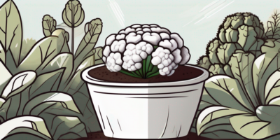 A snow crown cauliflower plant in a garden setting