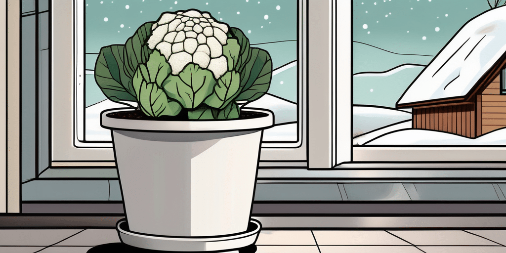 A snow crown cauliflower plant growing in an indoor pot