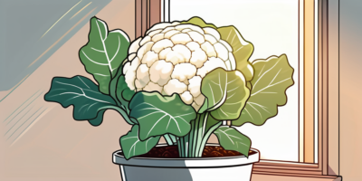 A self-blanching cauliflower plant growing in an indoor pot