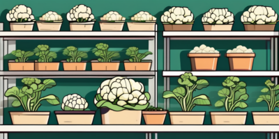 Several healthy cauliflower plants thriving in various sizes of containers and pots