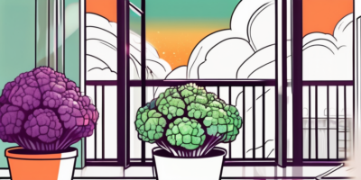 A graffiti cauliflower plant thriving in a colorful container pot