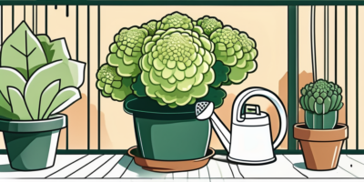 A romanesco cauliflower thriving in a pot with a watering can and gardening tools nearby