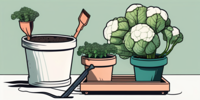 A snow crown cauliflower plant thriving in a pot