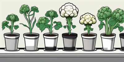 Self-blanching cauliflower plants growing in various containers and pots