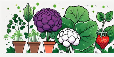 A vibrant garden scene featuring a cauliflower plant surrounded by its companion plants