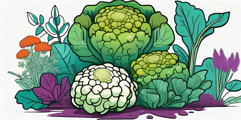 A vibrant graffiti cauliflower surrounded by various companion plants