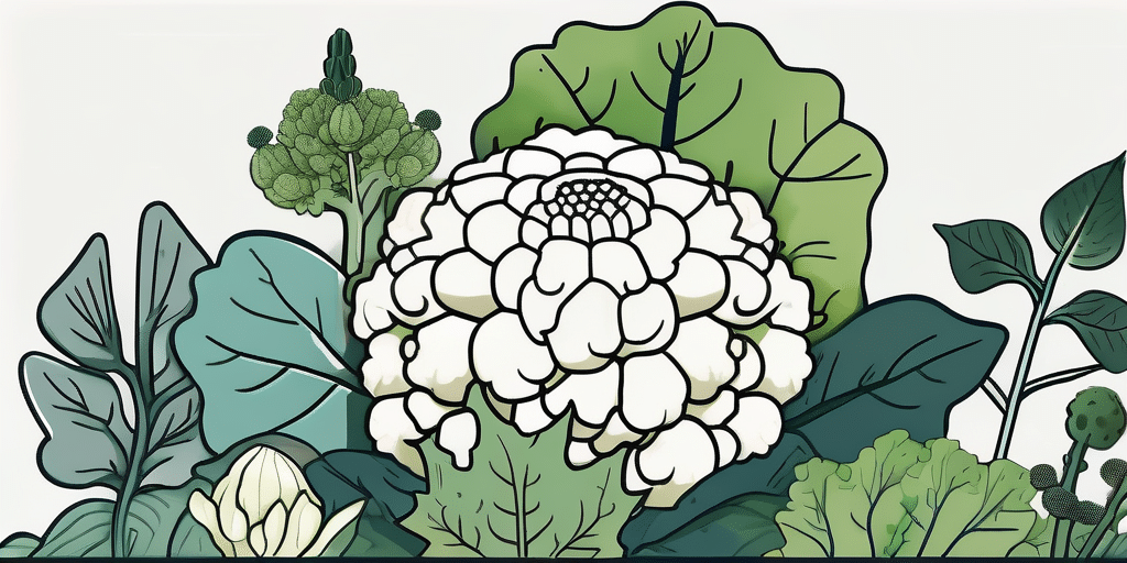 A vibrant garden scene showcasing the snow crown cauliflower prominently