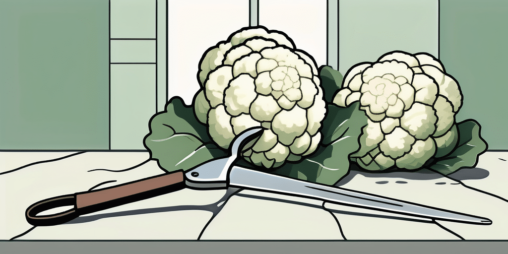 A mature cauliflower in a garden setting with a pair of garden shears nearby