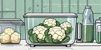 A fresh cauliflower in a glass container with a lid