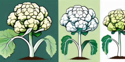 A self-blanching cauliflower plant in a garden setting