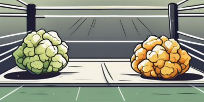 A vibrant cauliflower in a boxing ring on one side