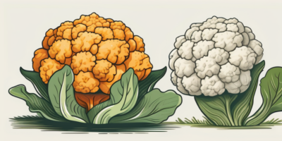 A cheddar cauliflower and a self-blanching cauliflower side by side on a garden patch