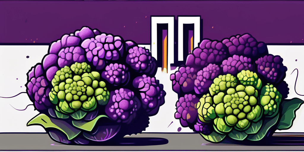 A graffiti cauliflower and a romanesco cauliflower in a boxing ring