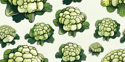 A romanesco cauliflower with its unique fractal shapes on one side and a self-blanching cauliflower with its naturally covered curds on the other side