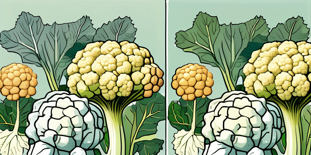 A snow crown cauliflower on the left and a self blanching cauliflower on the right