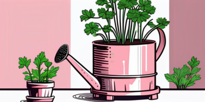 A vibrant chinese pink celery plant growing in a pot with a watering can nearby
