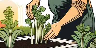 A golden celery plant being carefully transplanted from a small pot into a larger