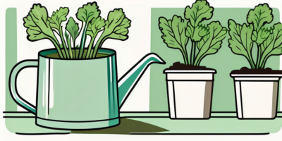 A watering can pouring water onto a growing celery plant in a garden setting