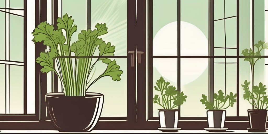 A pot with growing celery stalks near a sunny window inside a house