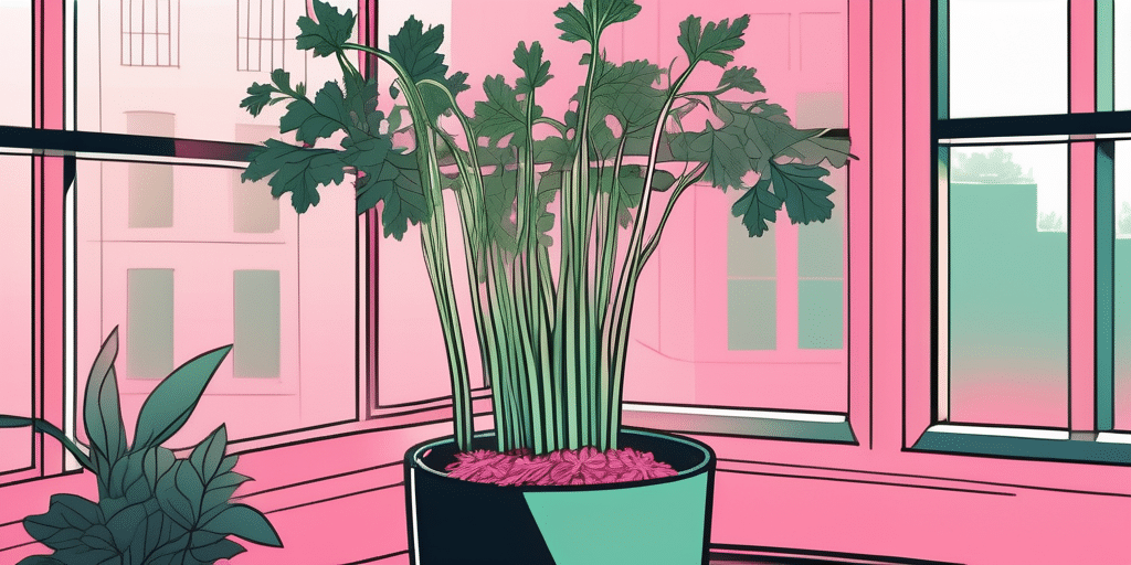 A well-lit indoor setting with a pot of vibrant chinese pink celery growing near a window